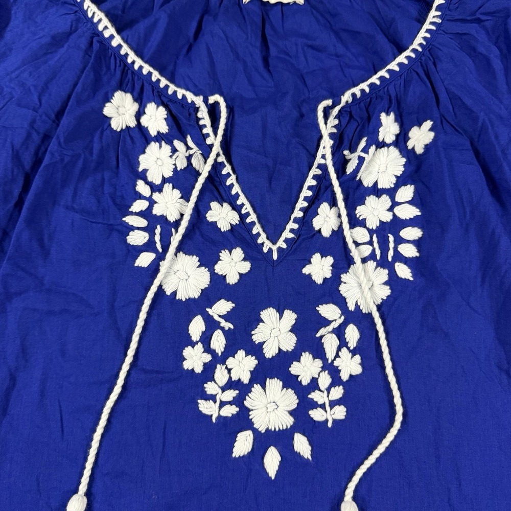 Natural Life Top Small Blue Floral Embroidered Bohemian Peasant V Neck Tassel - Picture 3 of 8